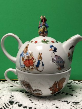 Rare Beatrix Potter Peter Rabbit Stacking Porcelain Teapot & Tea Cup Set