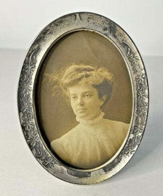 Antique Silver - Tone Round Small Miniature Picture Frame With Stand