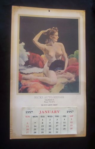Vintage 1957 Pin Up Risque Nude - Ricks Auto Repair Calendar - Long Beach,  Ca