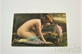 Antique Risque Nude Woman Colorized Postcard Size
