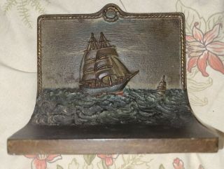 Antique 1920’s Heavy Gilded Bronze Cast Iron Sailing Boat Bookend,  C.
