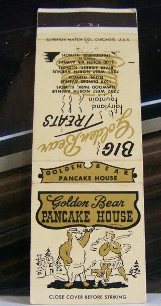 Rare Vintage Matchbook Cover O1 Illinois Elmwood Park Golden Bear Pancake House