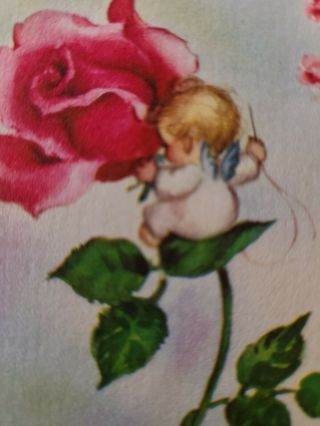 Vtg Rust Craft Greeting Card M.  Cooper Angels Sewing Roses Leaves 1940s Note Card