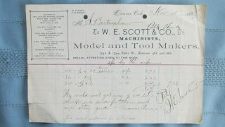 1887 Denver Colorado W.  Scott Machinists Model & Tool Makers Billhead - Black Hawk