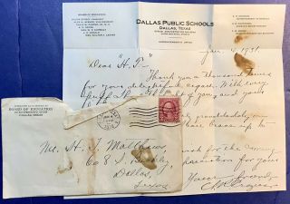 Dallas Tx Public Schools Letter Head 1931 Thank You For Cigar Gift & Envelope