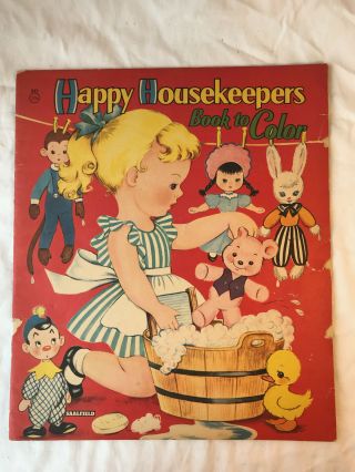 Vintage Saalfield Coloring Book Happy Housekeepers Uncolored Large 1950s
