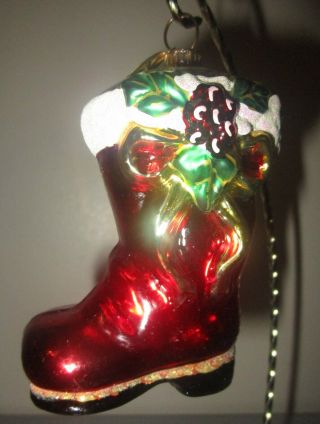 Radko Santa Claus Boot W/ Holly Christmas Stocking Glass Ornament,  Box Mib