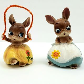 2 Vtg Bunny Rabbit Figurines Josef Originals Japan Mama Flower Jump Rope Ceramic