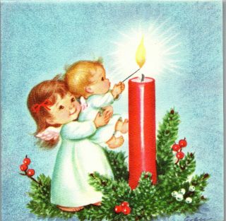 M.  Marjorie Cooper Angel Girl Baby Candle Vtg Christmas Greeting Card