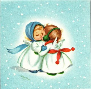 M.  Marjorie Cooper Angel Girl Baby Kids Kiss Vtg Christmas Greeting Card