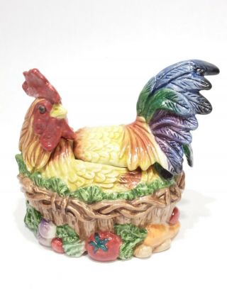 Fitz And Floyd Classics Covered Rooster With Spoon Ceramic Euc