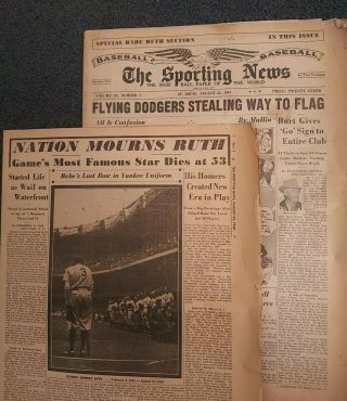 Babe Ruth Death - Yankees - Baseball - 1948 Sporting News Newspaper