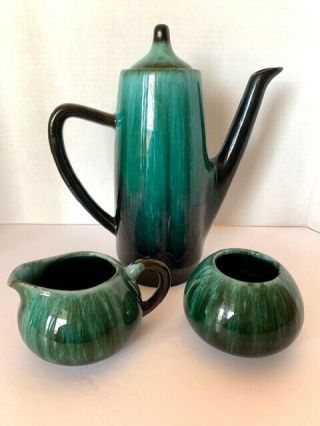 Mcm Blue Mountain Pottery Bmp Coffee/tea Pot,  Creamer,  Sugar,  Teal Drip Glaze