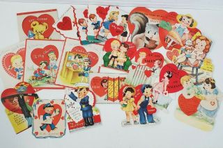 (20) 1940s Vintage Valentine Cards - Sailor,  Farmer Girl,  Queen Of Hearts, .