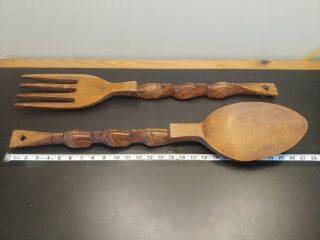 Vtg Hand - Carved Wooden Fork And Spoon Set 27” Wood Tiki Totem Rare (s9)