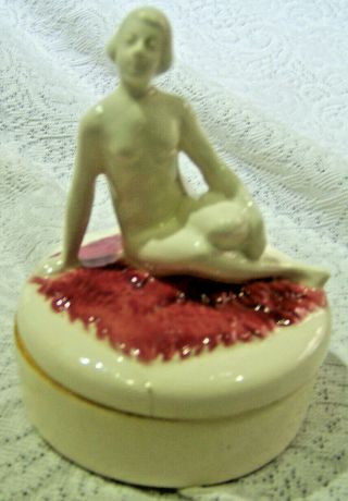 Vintage Porcelain Powder Box Naked Lady On Lid Made In Germany