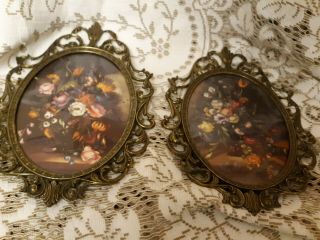 Vintage Oval Convex Glass Ornate Metal Picture Frame Floral Italy 10 X 7 Set / 2