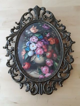 Vintage Oval Convex Glass Ornate Metal Picture Frame Floral Made Italy