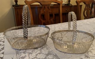 2 Silver - Plate Woven Wire Oval Baskets With Handle,  Anti - Tarnish Zip Bag