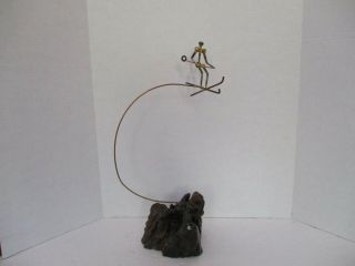 Sculpture,  Kinetic Ski Jumper 1975 Signed By Artist Lin Burl Wood Brass Art