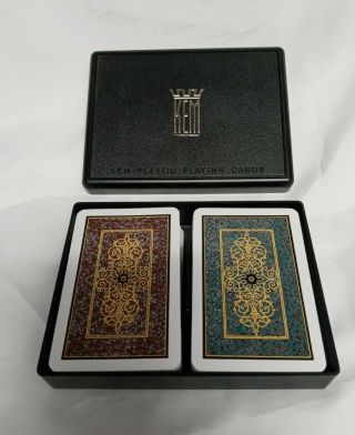 Vintage Kem Plastic Playing Cards Scroll Two Decks In Case