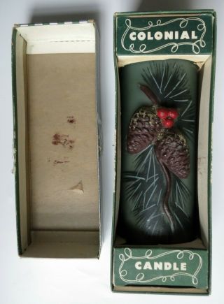Vintage Colonial Candles Of Cape Cod Sculpture Green Pillar Pine Cones W/box