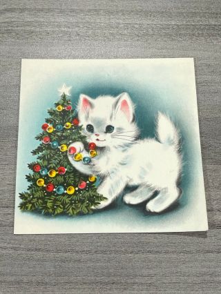Vintage Greeting Card Christmas Norcross Snowball Cat Kitten White