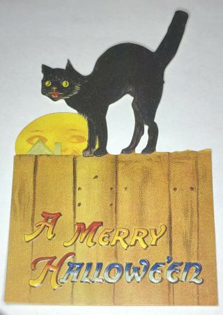 Fabulous Vintage Estate Merry Halloween Card Black Cat & Moon Halloween Card
