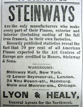 1882 Chicago Illinois Display Newspaper With A Front Page Ad For Steinway Piano