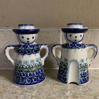 Candlestick Holders Set Of 2 Artistic Ceramics Poland Blue White Folk Art