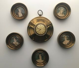 Vintage Cameo Creations Set Of 5 Round Portraits Of Victorian Ladies Plus Clock