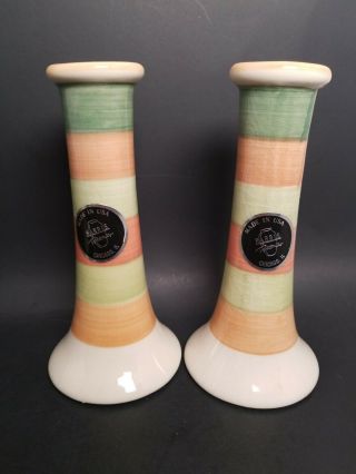 Set Of 2 Harris Potteries Chicago Ceramic Candle Stick Holders Orange Green