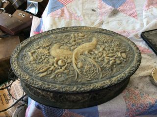 Vintage Large Birds Hinged Lid Jewelry Dresser Box Incolay Stone