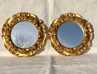 2 Small Italian Retro Vintage Oval Gold Gilt Ornate Mirrors Wall Hangings Italy