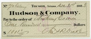1883 Hudson & Company Bankers Check Tucson Arizona Territory Rare Bank