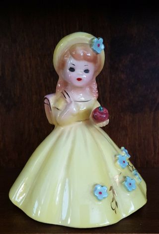 Josef Originals Bell Girl With Apple In Yellow Dress With Blue Flowers Vintage