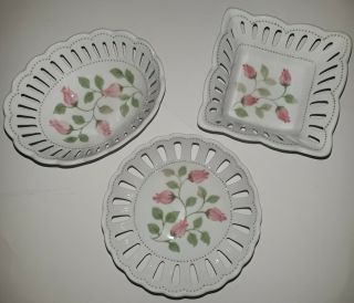 Andrea By Sadek Matching Set Of 3 Pink Roses W/cut Out Sides Trinket Bowl Dishes
