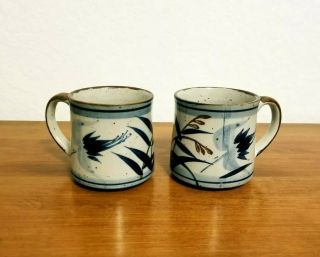 Vintage Speckled Luster Glaze Stoneware Pottery Mugs Set Of 2,  Blue Brown Gray