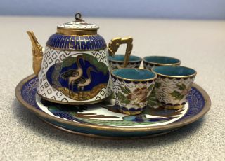 Vintage Cloisonne Enamel And Bronze Navy Blue And White Tea Pot And 4 Cups Set M