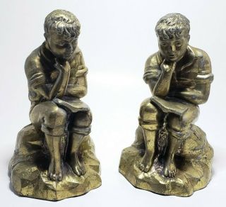 Bookends Sitting Boy Reading Book Thinking Cast Metal Vintage Brass Look