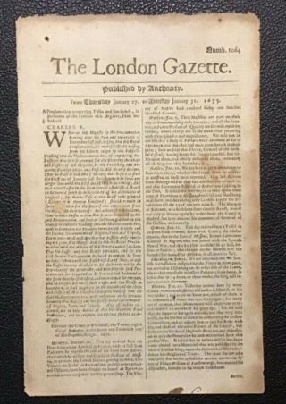Rare 1675 Antique Newspaper " The London Gazette " 2 Sided