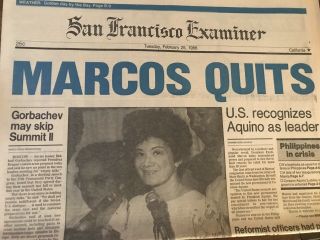 Ferdinand Marcos Quits Aquino Recognized Newspaper Sf Examiner Feb 25 1986