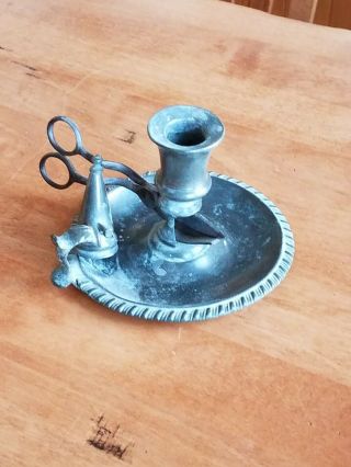 Antique Pewter Candle Holder With Sizzor And Snuffer