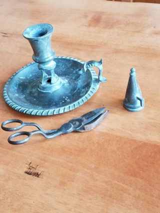 Antique Pewter Candle Holder With Sizzor And Snuffer 3