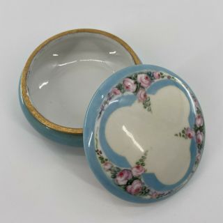 Limoges France Hand Painted Gold Trim Blue Pink Floral Porcelain Trinket Box