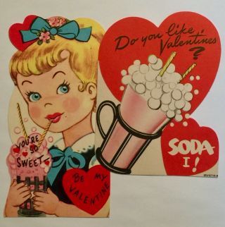 2 Vintage 50s Valentine Cards Die Cut Pink Soda Shop Fountain Drink Pretty Girl