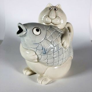 Fitz And Floyd Cat Holding Fish Porcelain Teapot