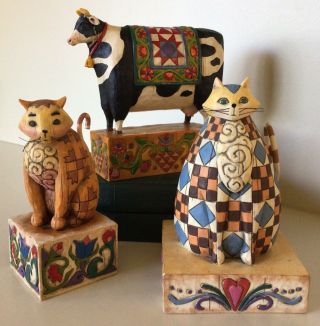 Jim Shore Heartwood Creek Set Of Three Figurines Ca.  2003 2 Cats & 1 Cow