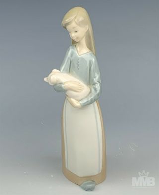 Retired Lladro Spain Girl W/ Pig 1011 Hand Painted Signed Porcelain Figurine