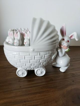 Vintage 1979 Fitz And Floyd Handpainted Bunny Rabbit Stroller Carriage Bowl Lid
